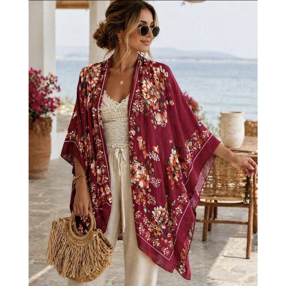 NWT Nine West Floral Kimono Ruana Wrap Topper Wine Burgundy Butterfly Boho OS